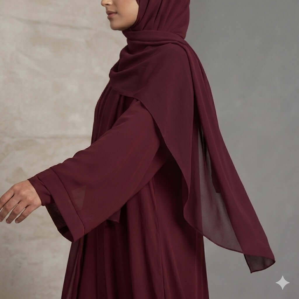 3PC Button-Hook Front Open Chiffon Abaya – Gown, Inner & Scarf