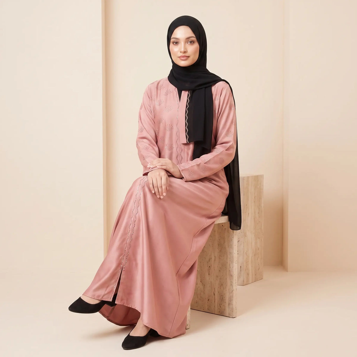Blooming Bead Work Front Open Abaya in Blush Pink – seated view