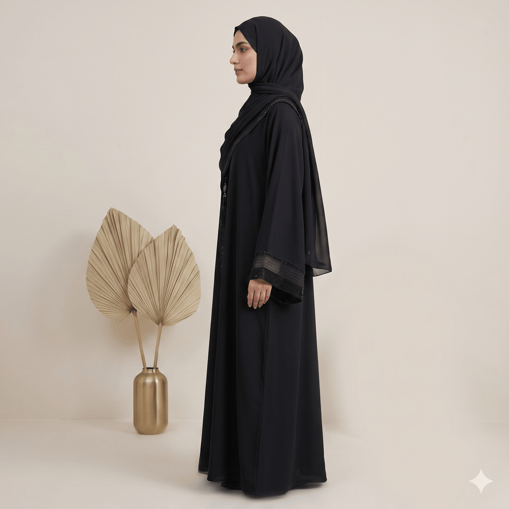 2PC Front Close Embellished Abaya – Nida Fabric | Black