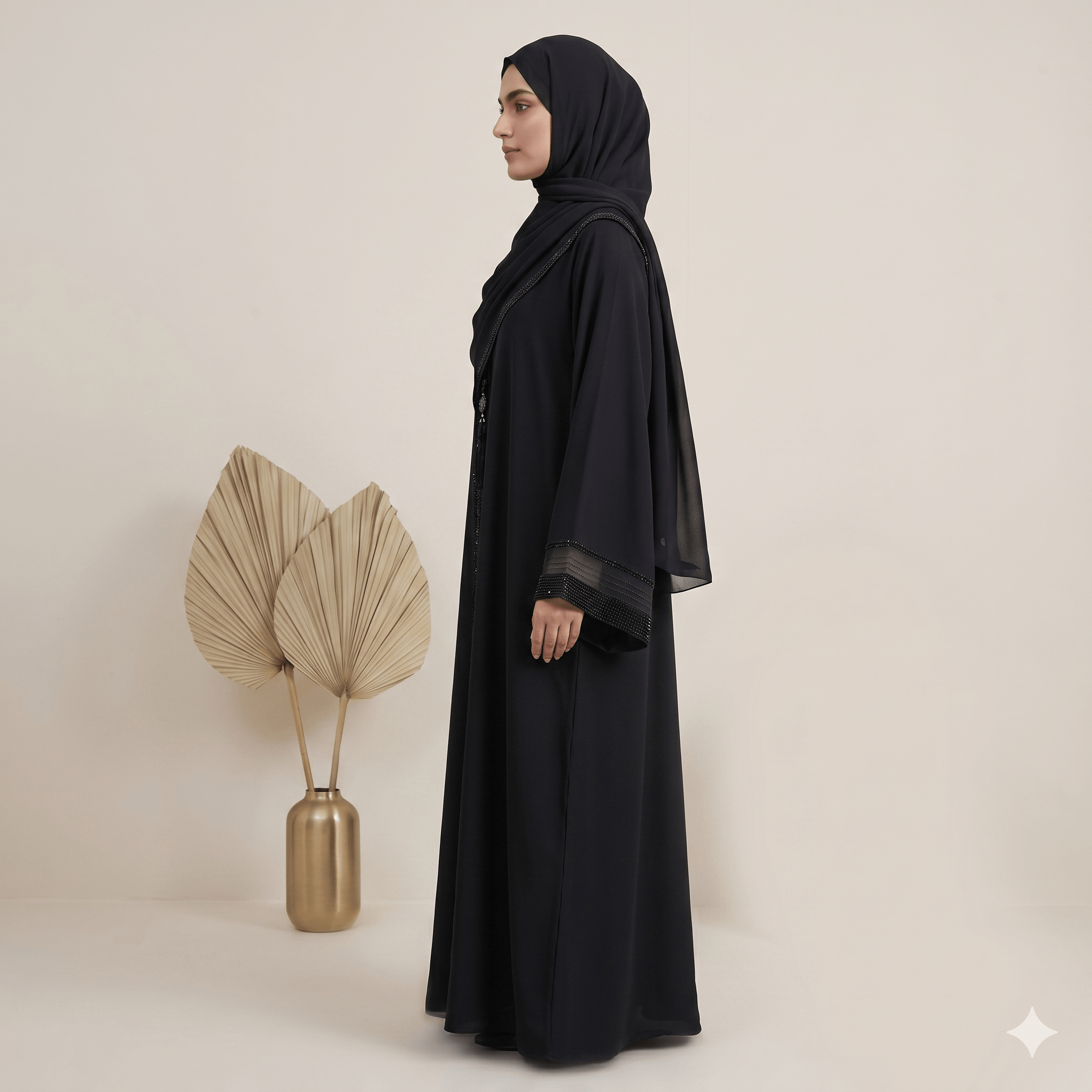 2PC Front Close Embellished Abaya – Nida Fabric | Black