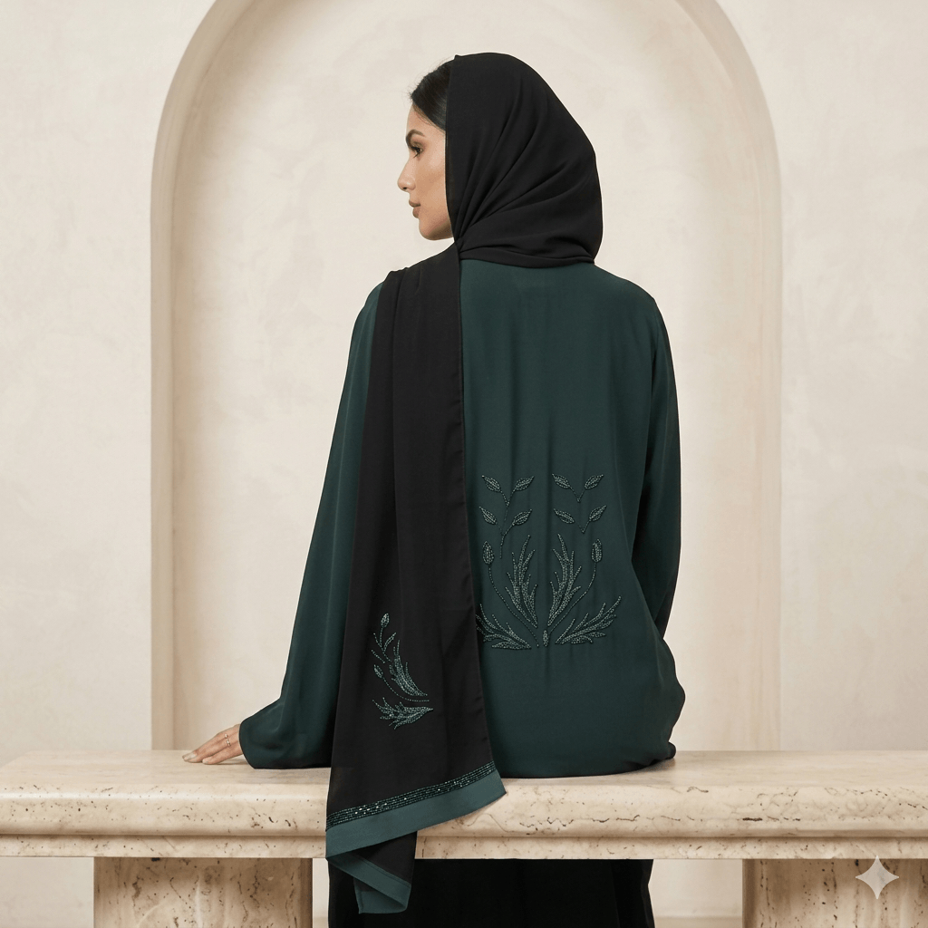Floral Beaded Open-Front Abaya with Black Scarf – 2 Piece Set