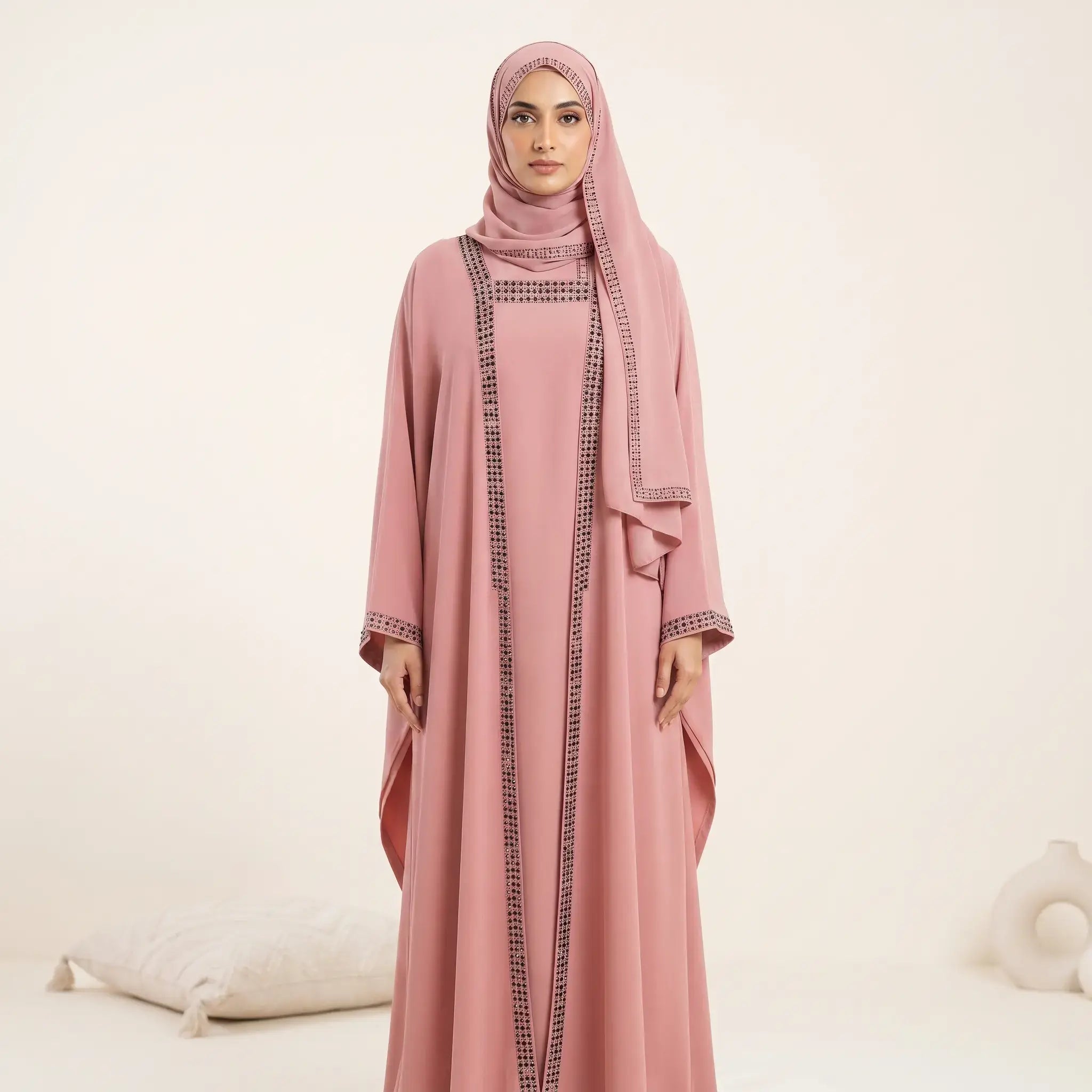 Double Stone Line Trim Kaftan – 3-Piece Set with Inner & Scarf