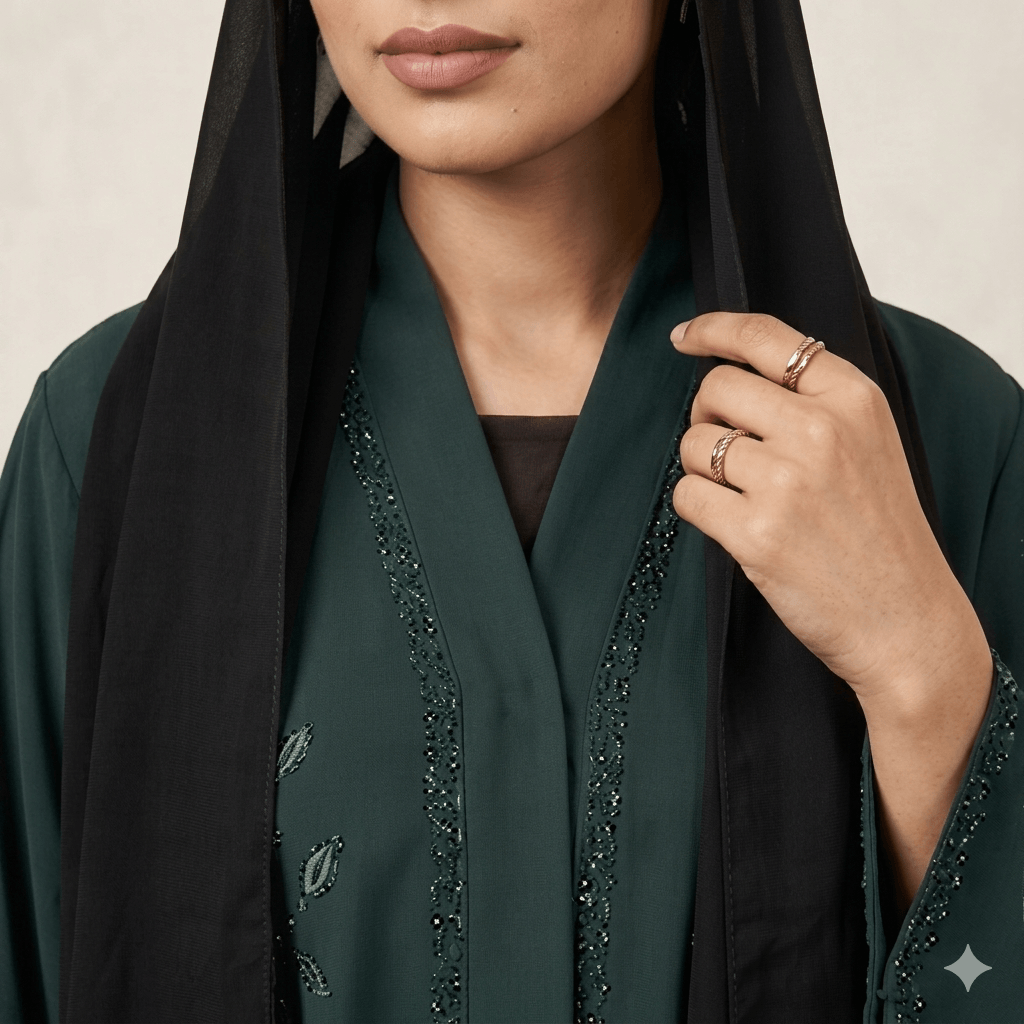 Floral Beaded Open-Front Abaya with Black Scarf – 2 Piece Set