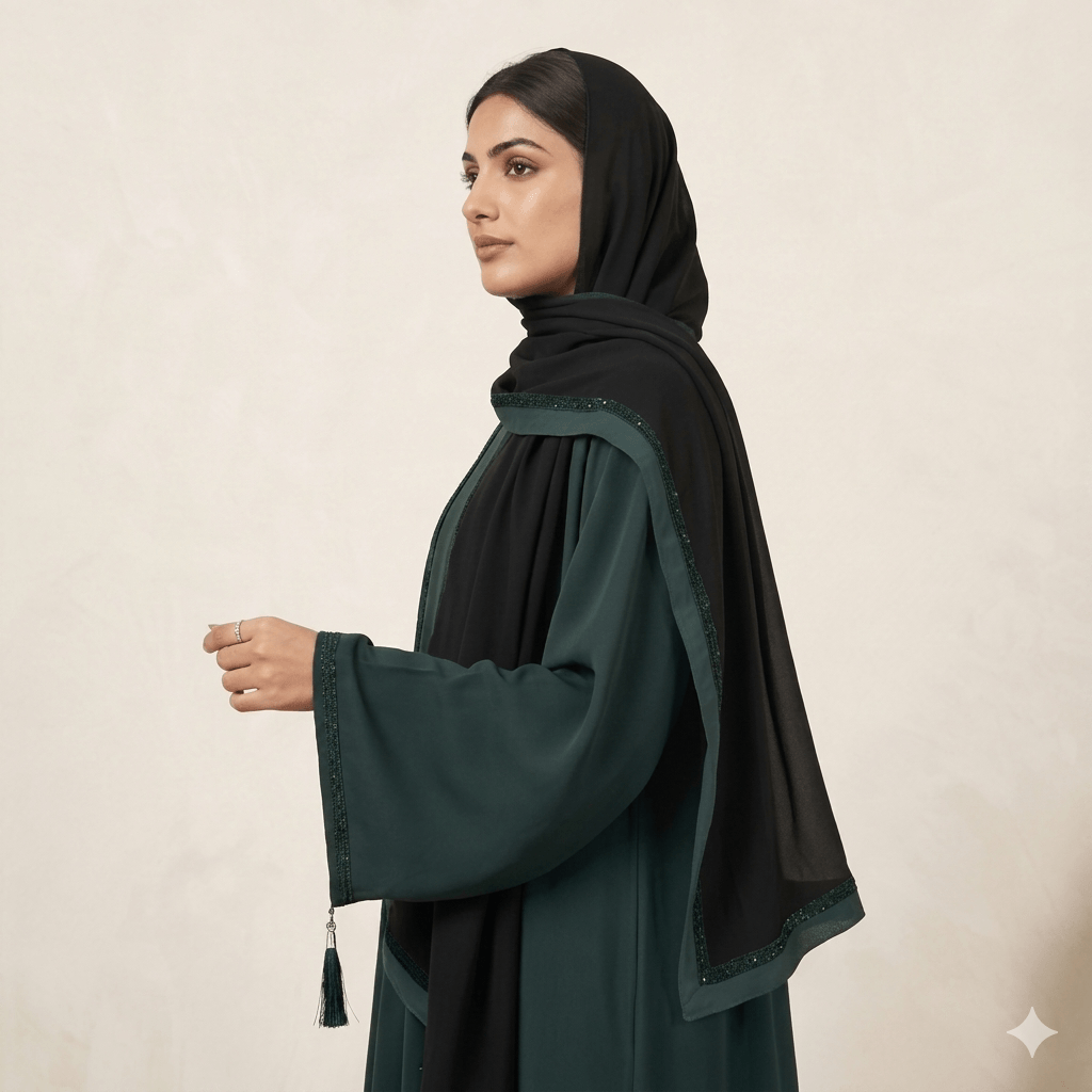 Floral Beaded Open-Front Abaya with Black Scarf – 2 Piece Set