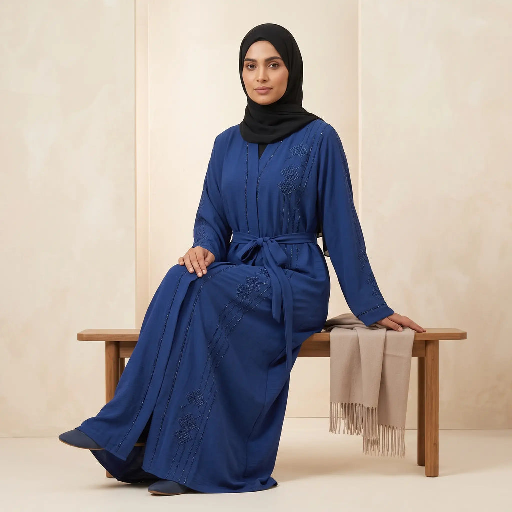 Belted Stone & Embroidered Diamond Crinkle Nida Abaya