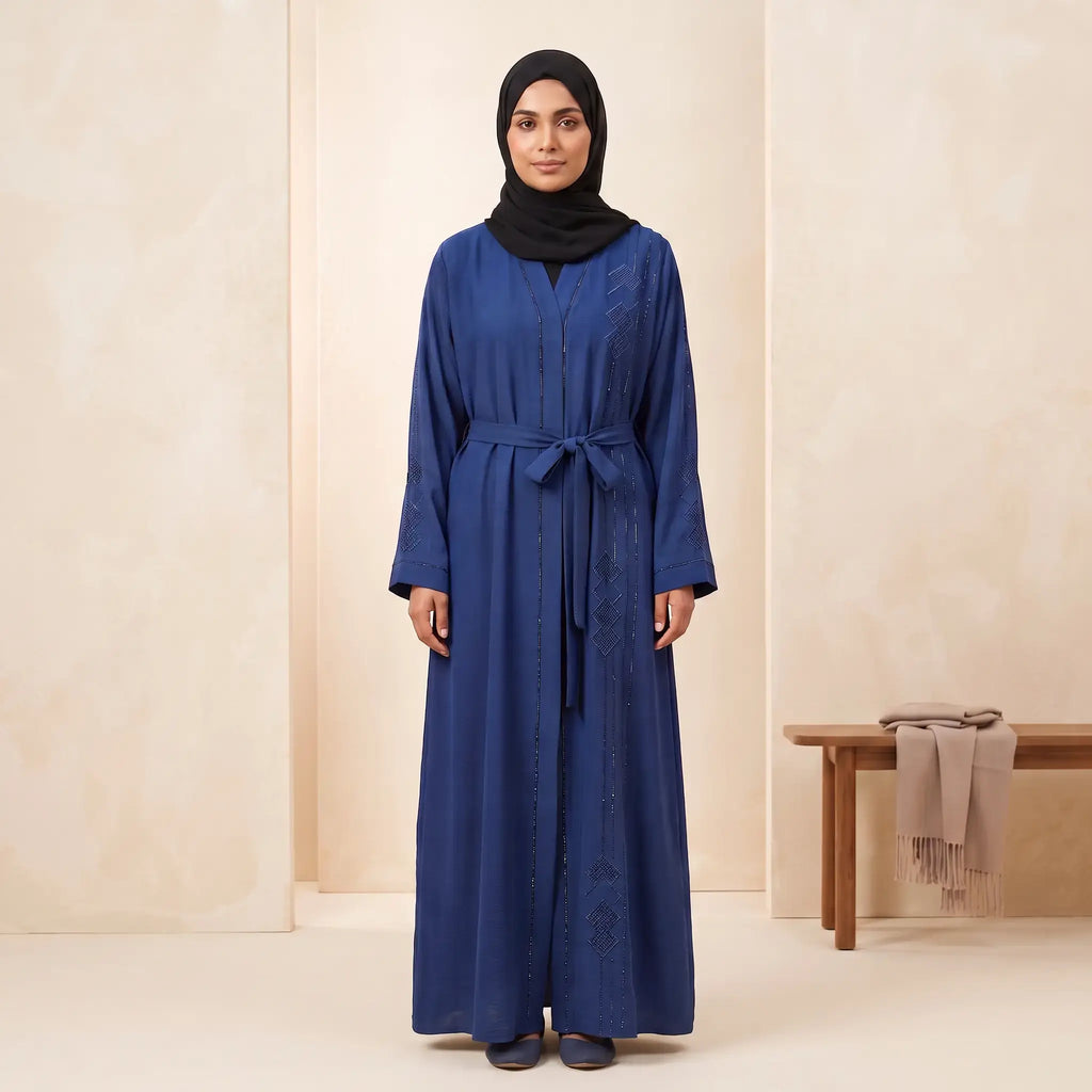 Belted Stone & Embroidered Diamond Crinkle Nida Abaya