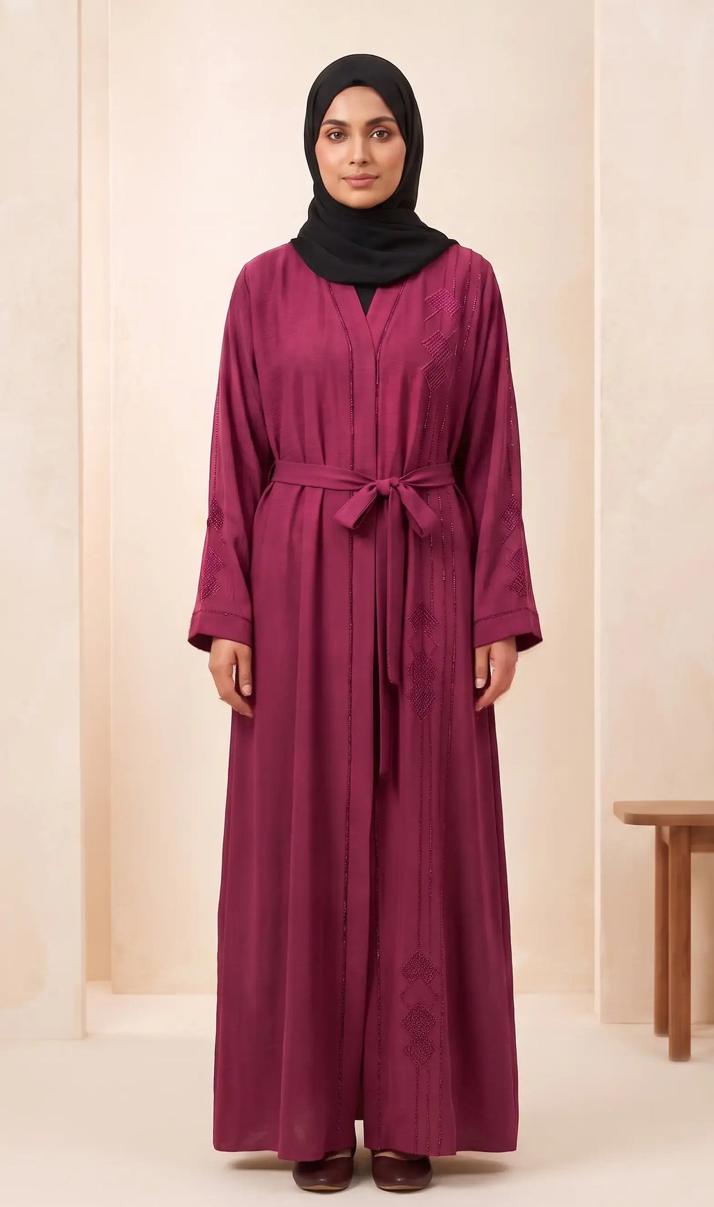 Belted Stone & Embroidered Diamond Crinkle Nida Abaya