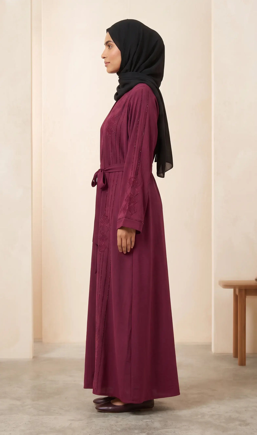 Belted Stone & Embroidered Diamond Crinkle Nida Abaya