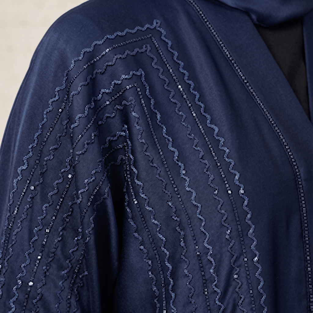 Tassel Embroidered Open-Front Abaya with Black Scarf – 2 Piece Set