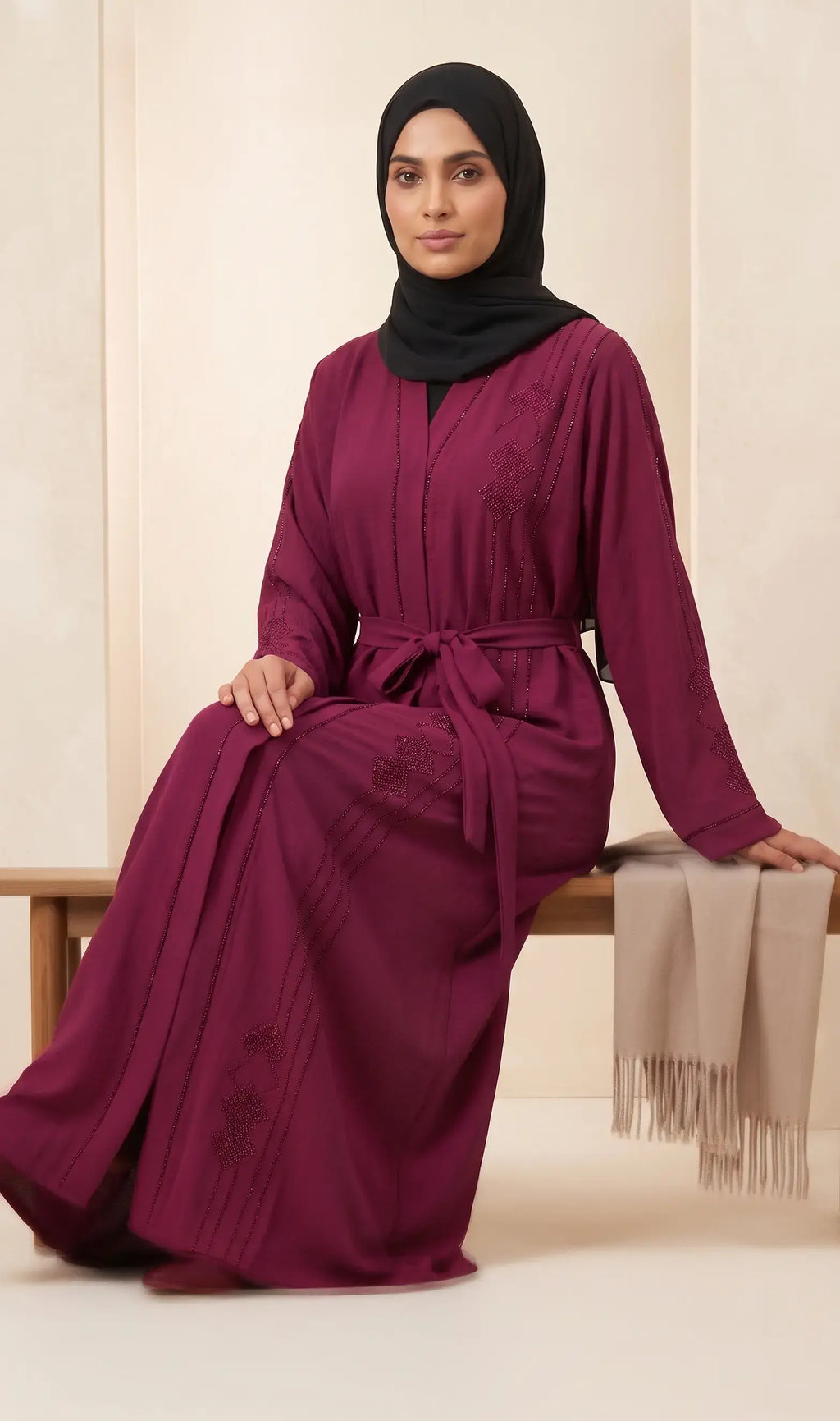 Belted Stone & Embroidered Diamond Crinkle Nida Abaya