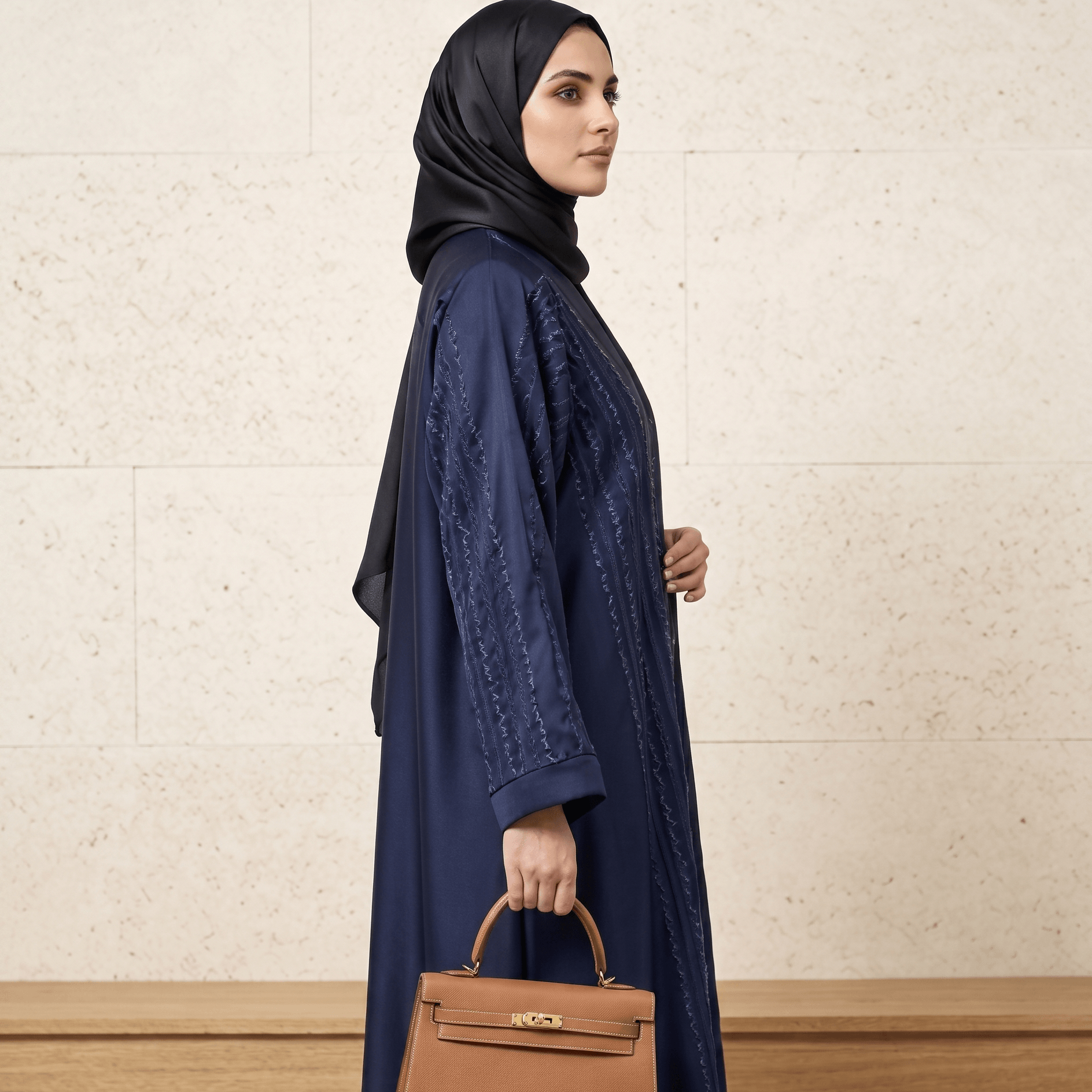 Tassel Embroidered Open-Front Abaya with Black Scarf – 2 Piece Set