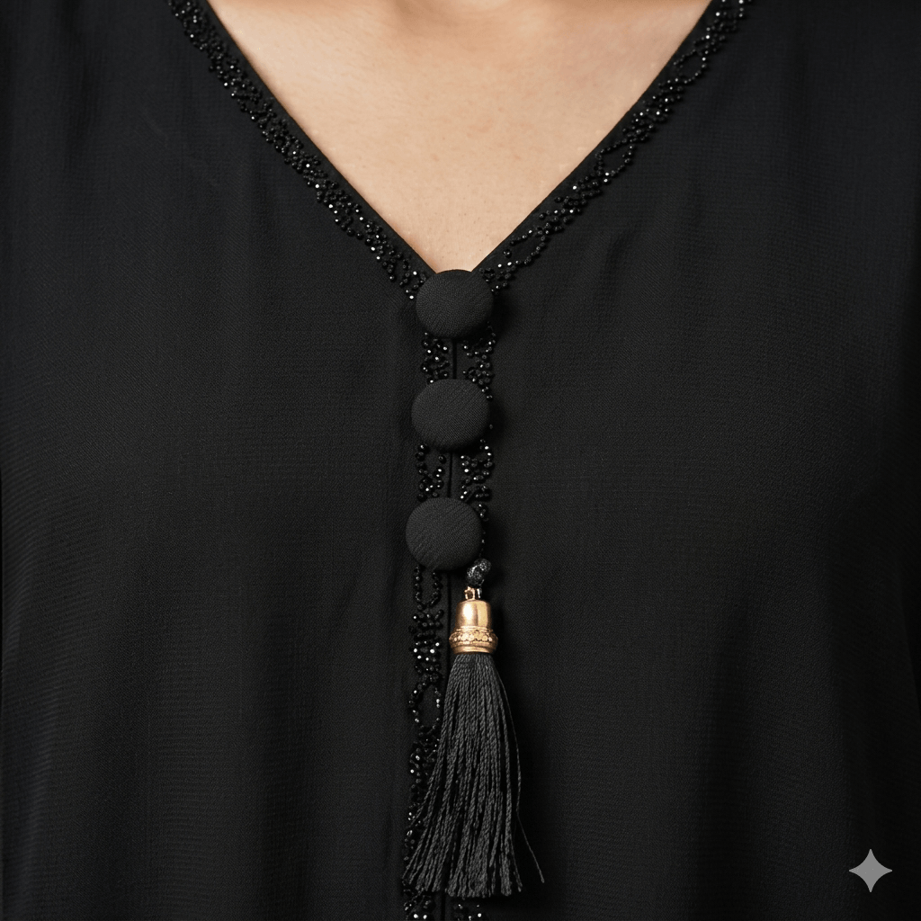 Beaded Trim Tassel Pendant Abaya – Formal Black Nida | Canada