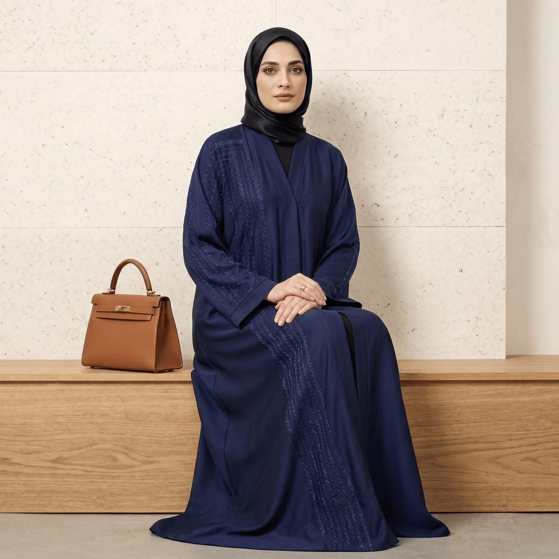 Tassel Embroidered Open-Front Abaya with Black Scarf – 2 Piece Set