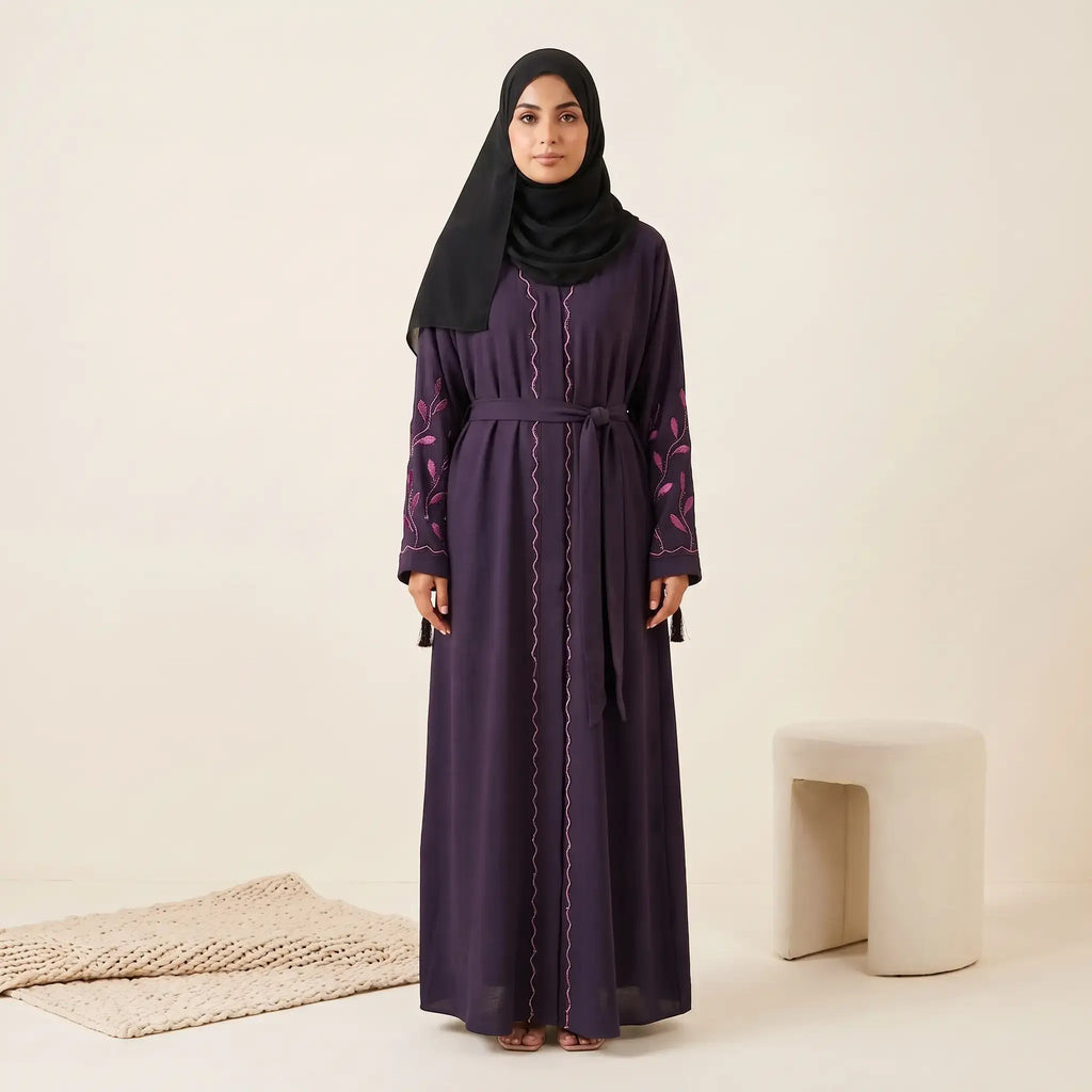 Tassel Belted Beaded Trim & Vine Embroidered Sleeve Abaya - 2 Piece