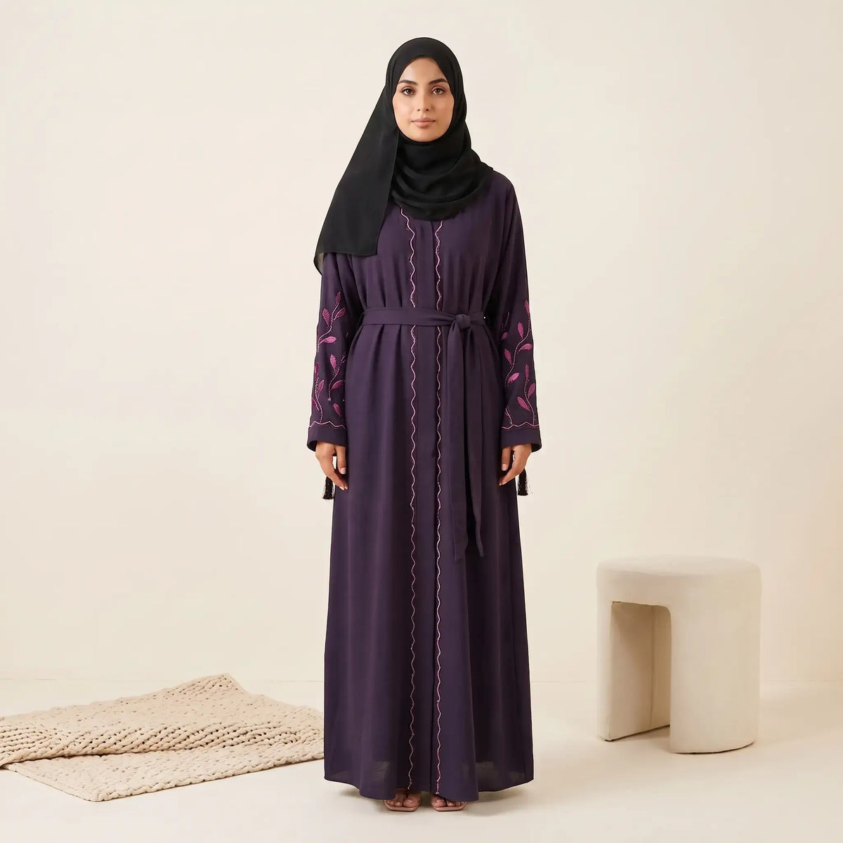 Tassel Belted Beaded Trim & Vine Embroidered Sleeve Abaya - 2 Piece