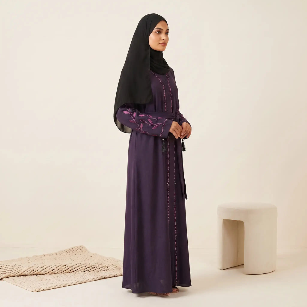 Tassel Belted Beaded Trim & Vine Embroidered Sleeve Abaya - 2 Piece
