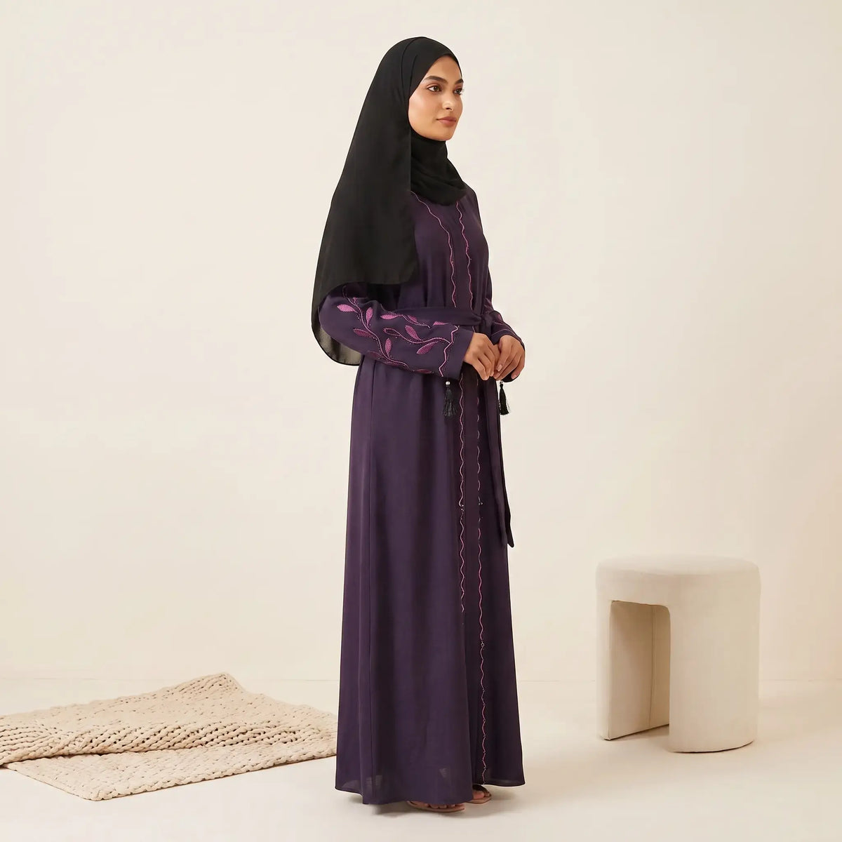 Tassel Belted Beaded Trim & Vine Embroidered Sleeve Abaya - 2 Piece