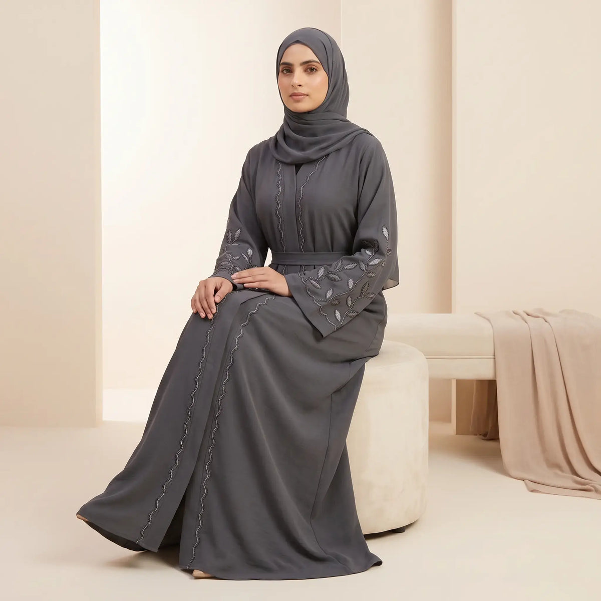 Tassel Belted Beaded Trim & Vine Embroidered Sleeve Abaya - 2 Piece