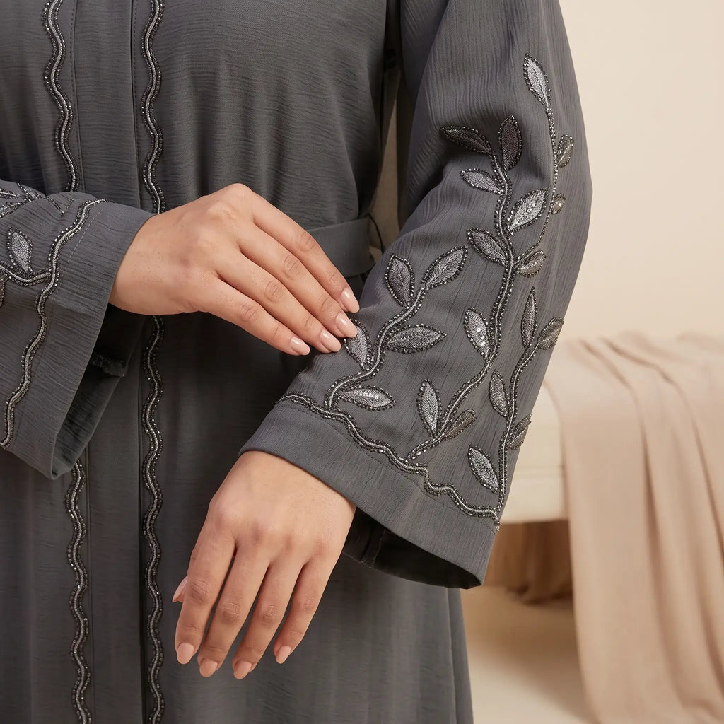 Tassel Belted Beaded Trim & Vine Embroidered Sleeve Abaya - 2 Piece