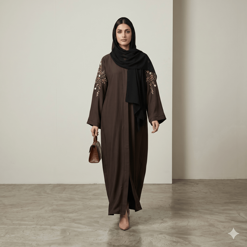 Floral Embroidered Sleeve Abaya with Black Scarf – 2 Piece Set