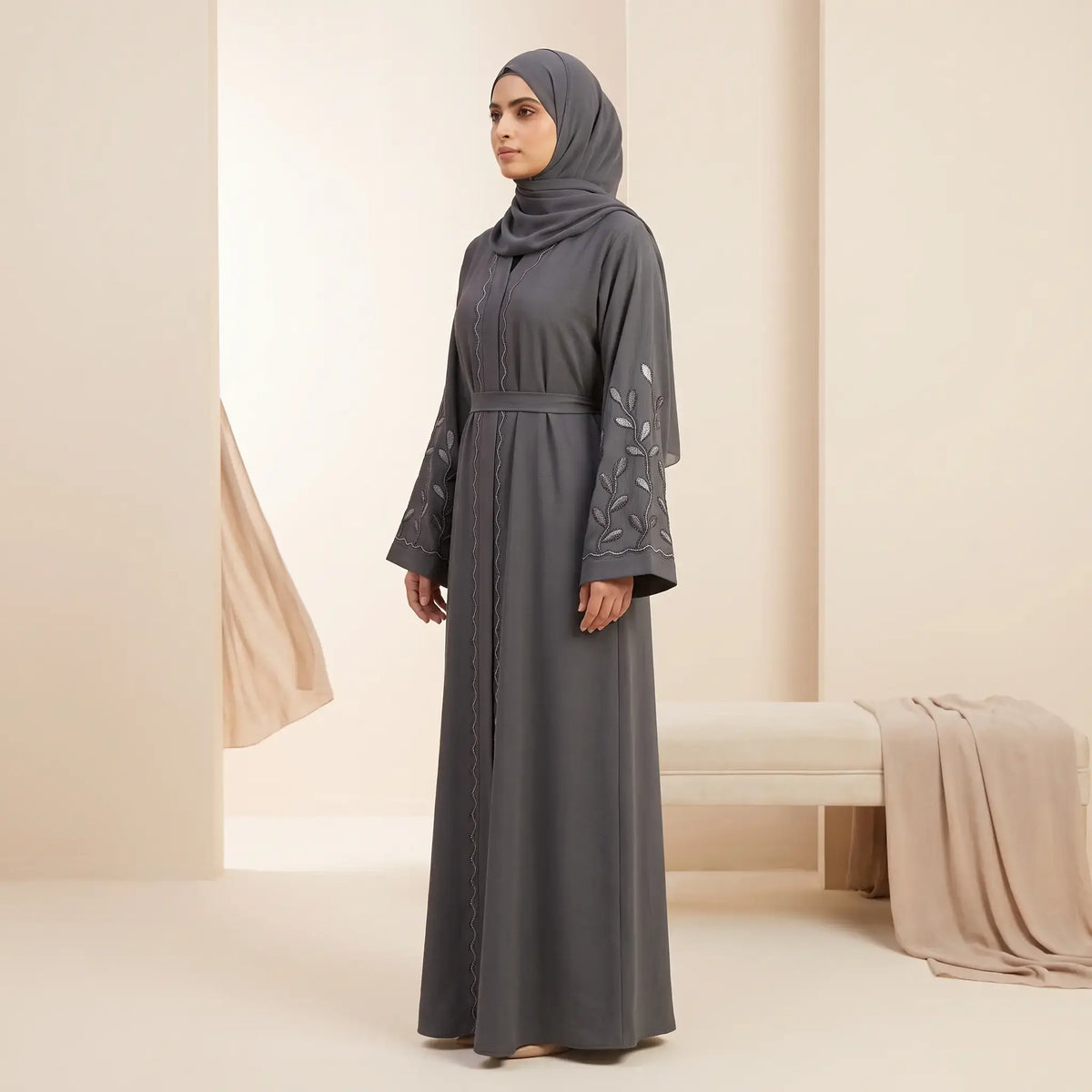 Tassel Belted Beaded Trim & Vine Embroidered Sleeve Abaya - 2 Piece