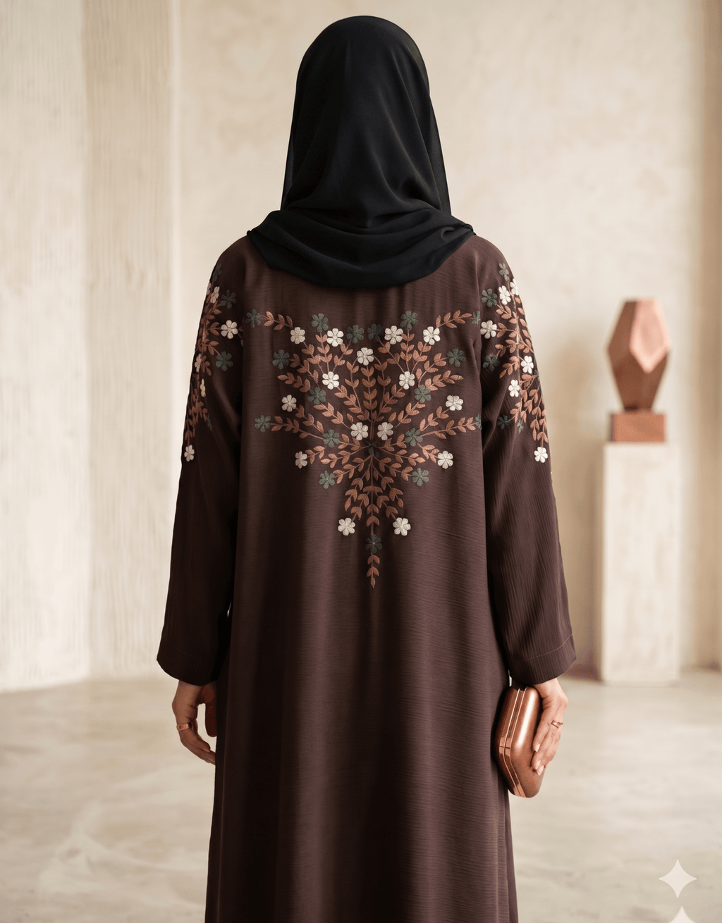 Floral Embroidered Sleeve Abaya with Black Scarf – 2 Piece Set
