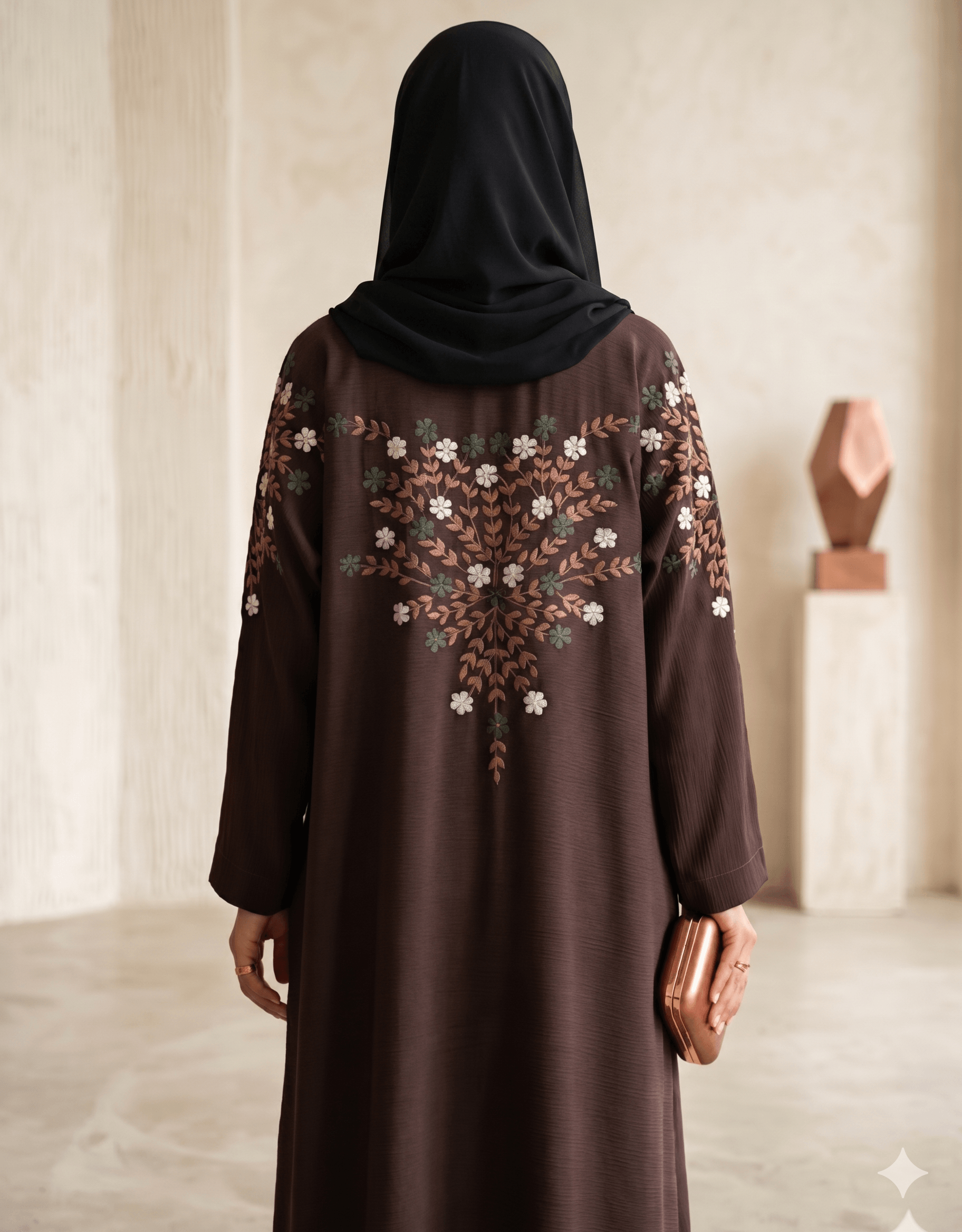 Floral Embroidered Sleeve Abaya with Black Scarf – 2 Piece Set