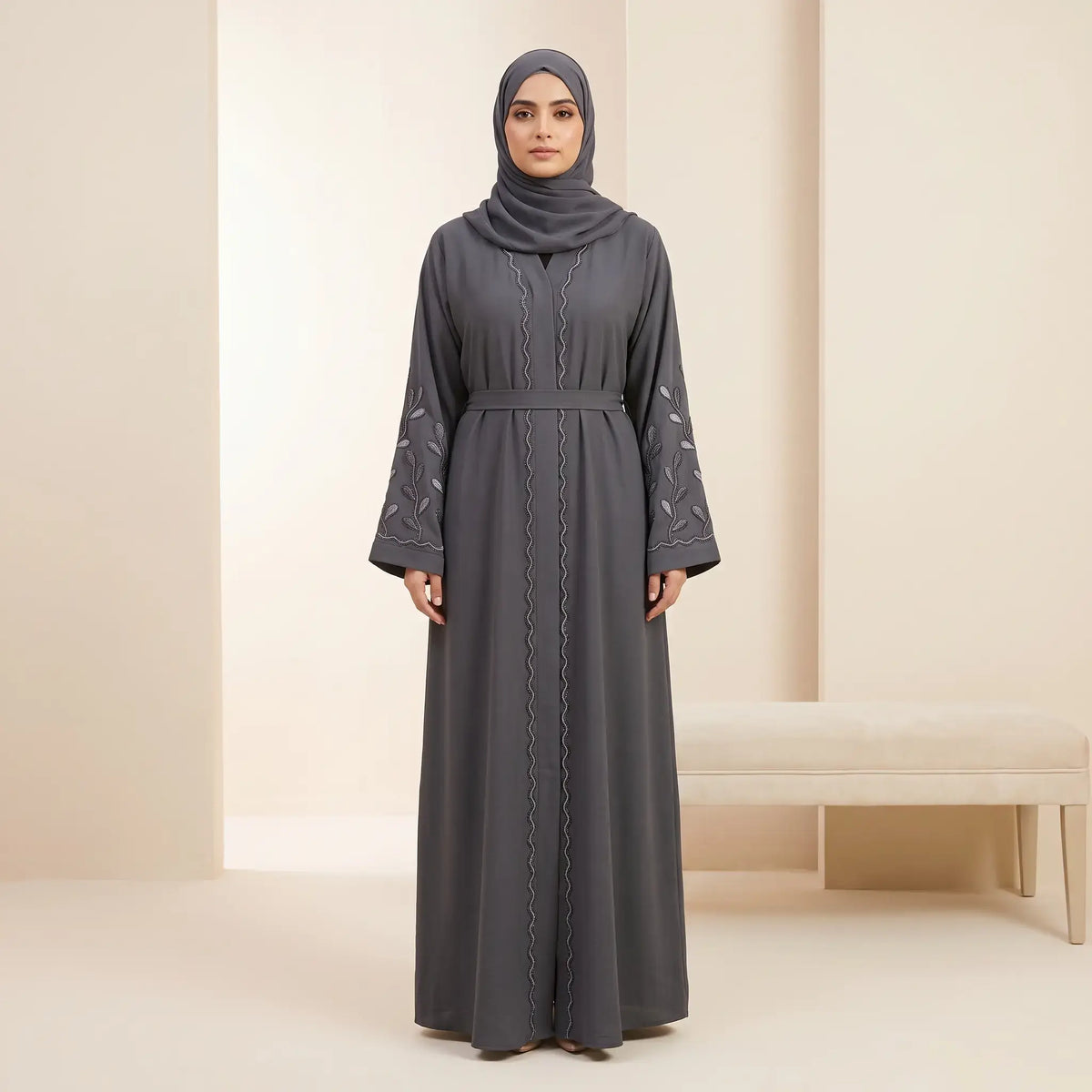 Tassel Belted Beaded Trim & Vine Embroidered Sleeve Abaya - 2 Piece