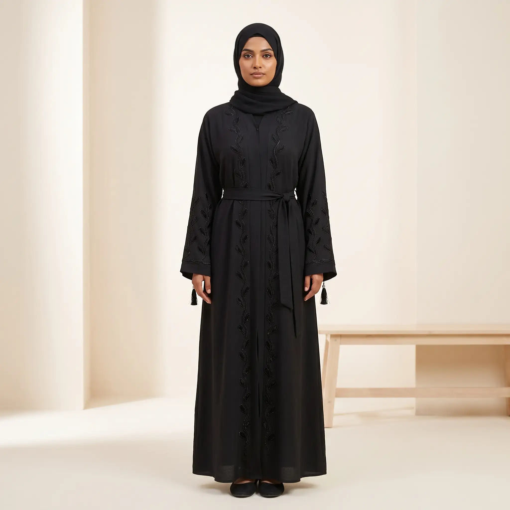 Tassel Belted Beaded Trim & Vine Embroidered Sleeve Abaya - 2 Piece