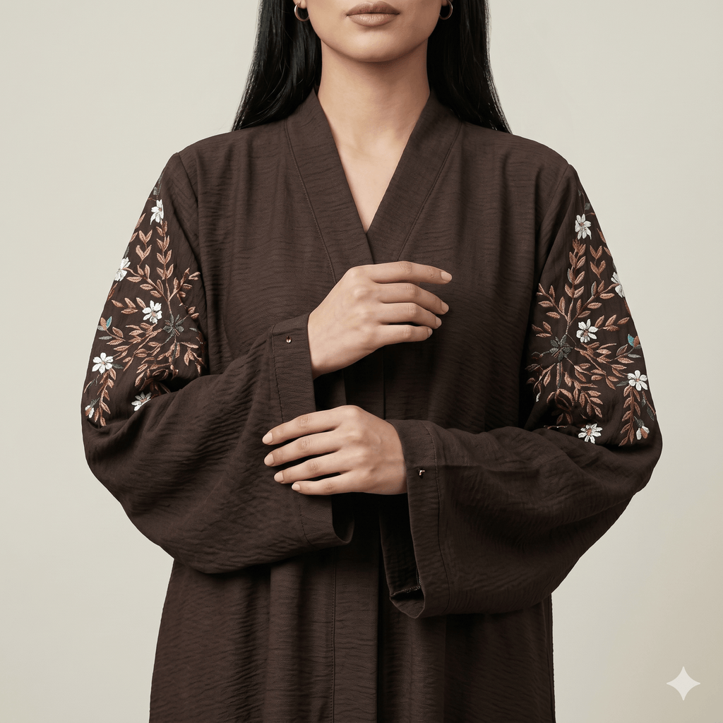 Floral Embroidered Sleeve Abaya with Black Scarf – 2 Piece Set