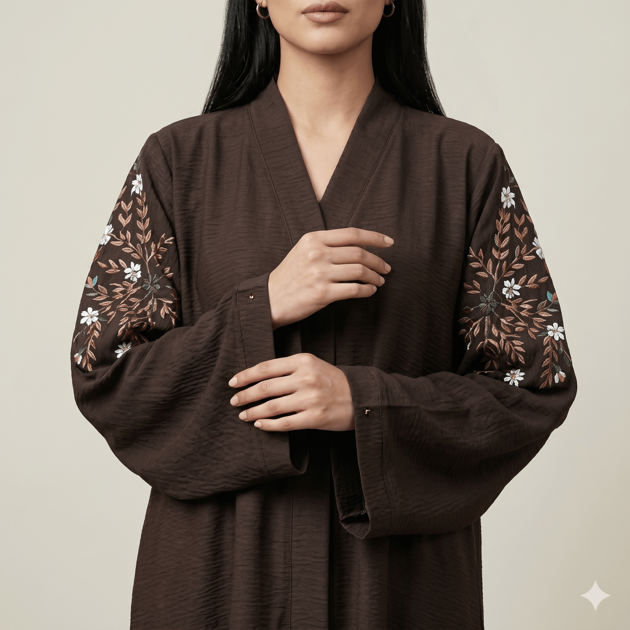 Floral Embroidered Sleeve Abaya with Black Scarf – 2 Piece Set