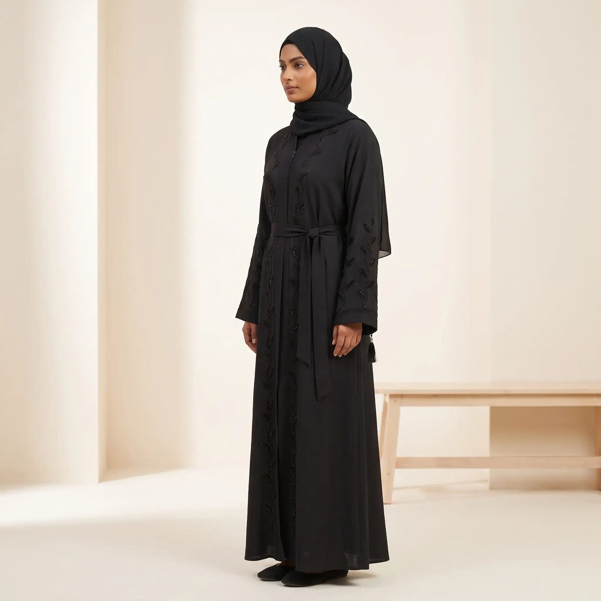 Tassel Belted Beaded Trim & Vine Embroidered Sleeve Abaya - 2 Piece