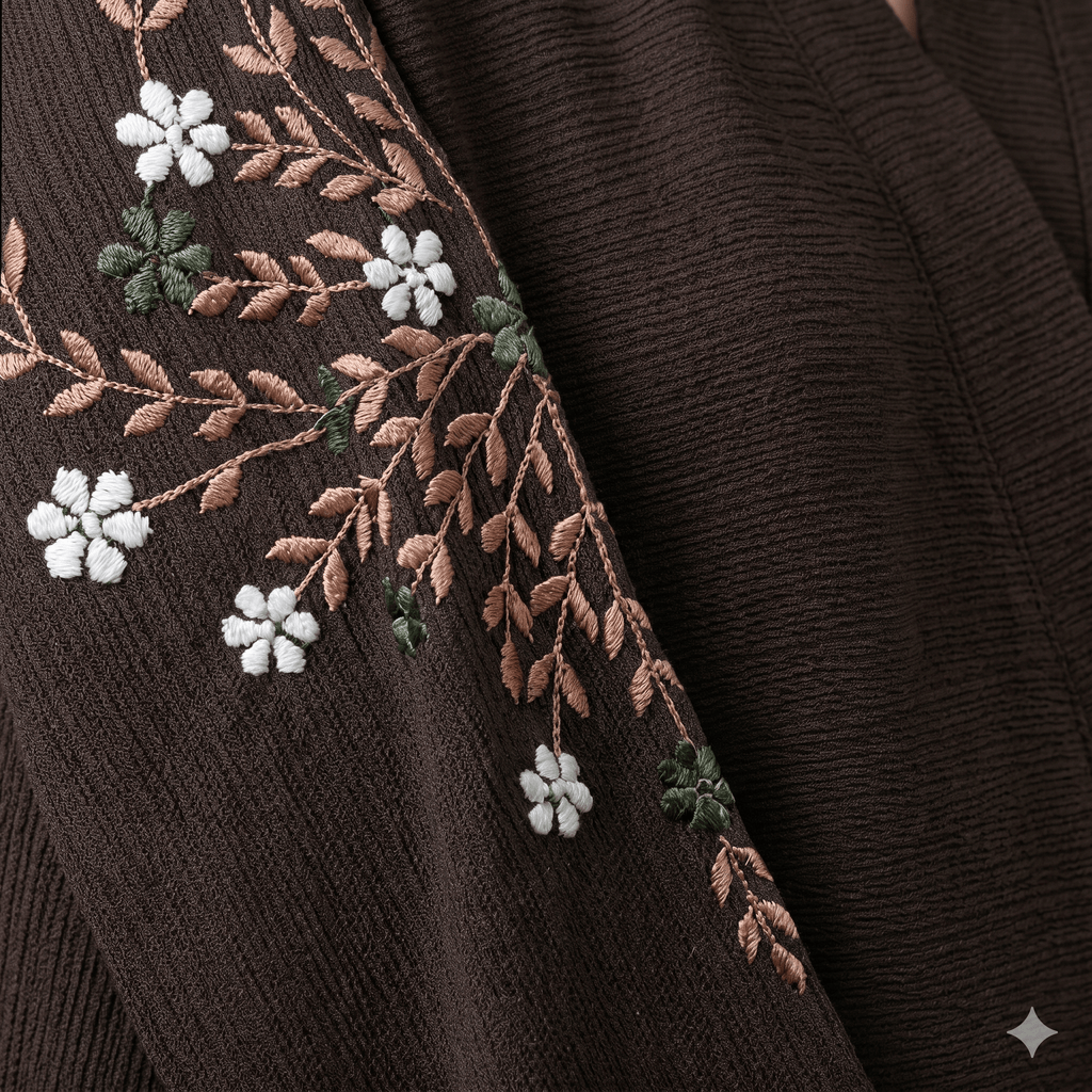 Floral Embroidered Sleeve Abaya with Black Scarf – 2 Piece Set