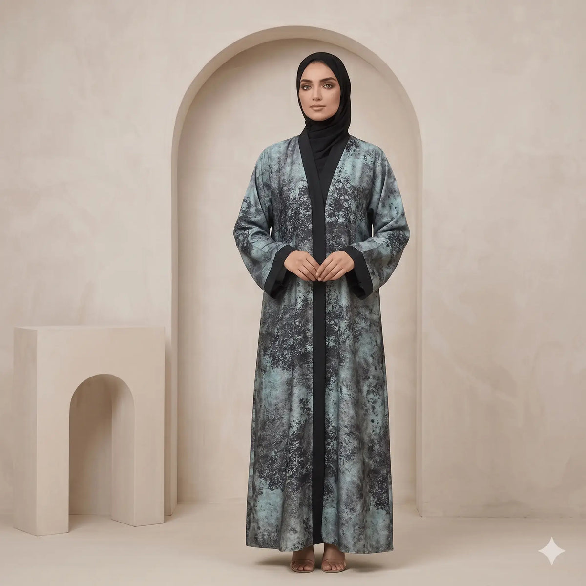 Marble Print Crystal Trim Open-Front Abaya with Black Scarf – 2 Piece Set