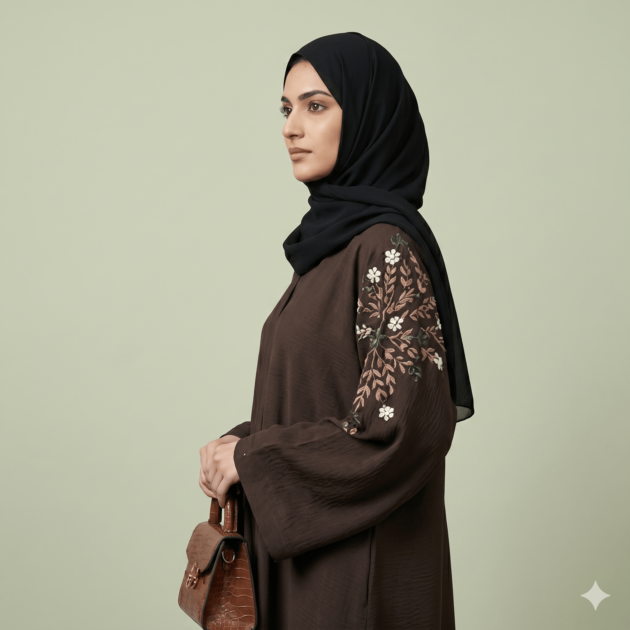 Floral Embroidered Sleeve Abaya with Black Scarf – 2 Piece Set