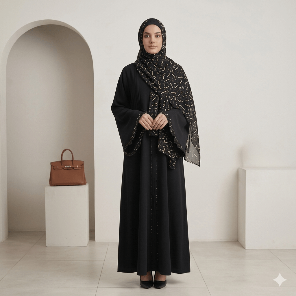 Printed Scarf & Piping Cuff Open-Front Abaya – 2 Piece Set | Black Nida Canada