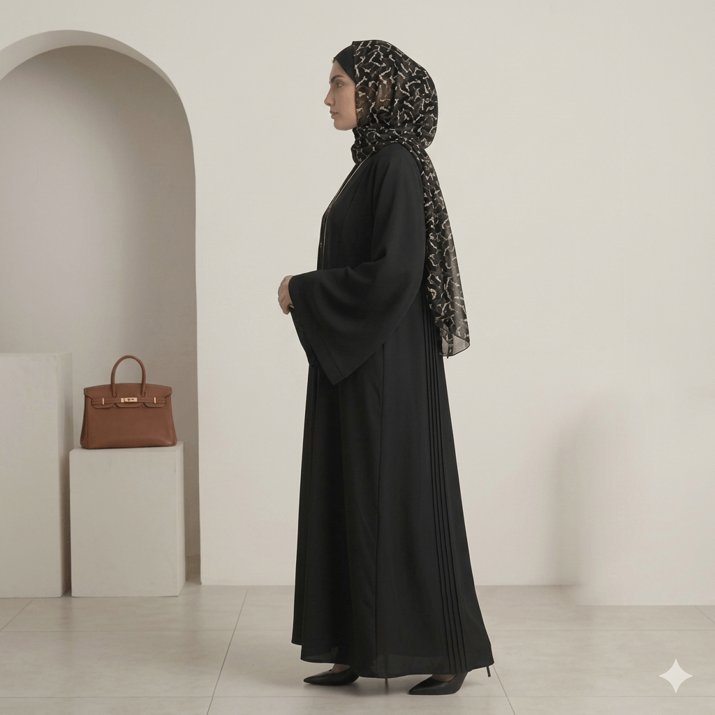 Printed Scarf & Piping Cuff Open-Front Abaya – 2 Piece Set | Black Nida Canada