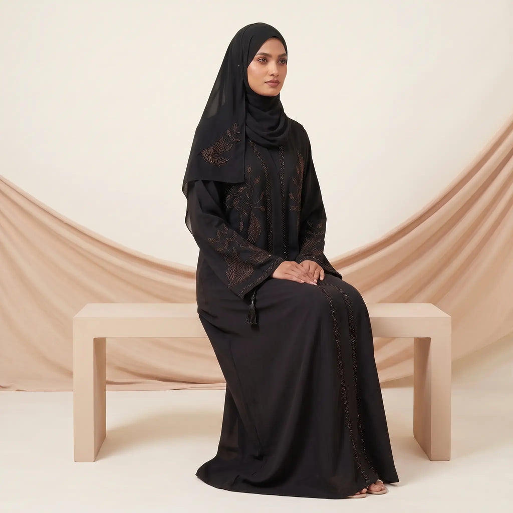Floral Beaded Embroidery Tassel Cuff Front Open Abaya – 2-Piece Set