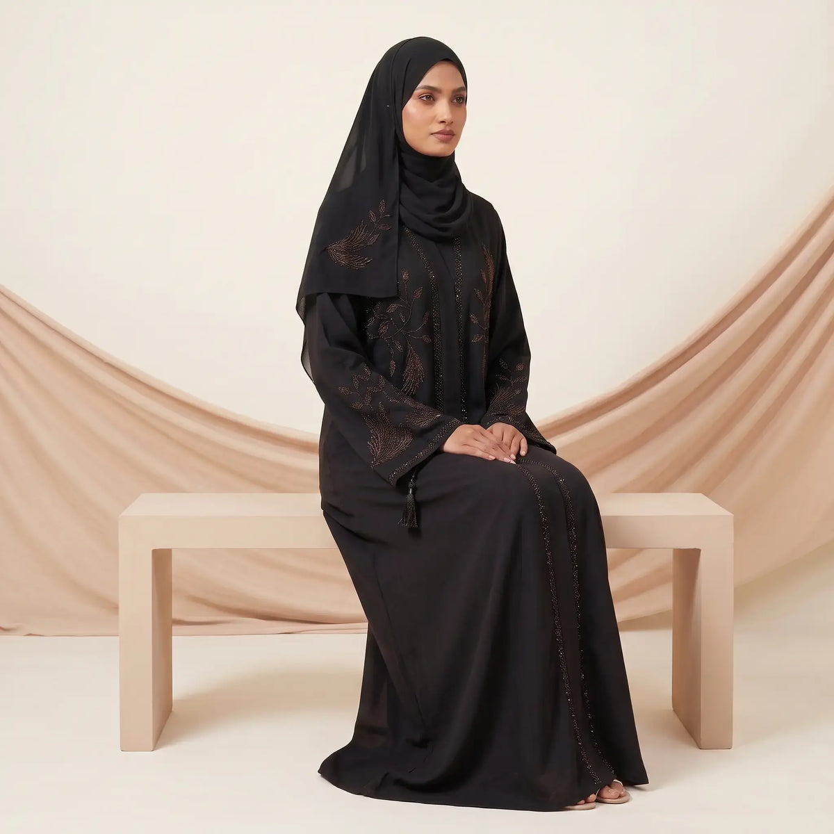 Floral Beaded Embroidery Tassel Cuff Front Open Abaya – 2-Piece Set