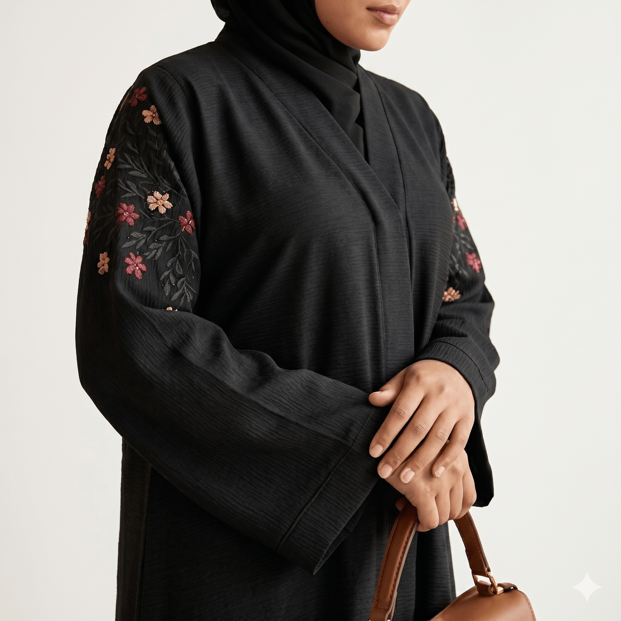 Floral Embroidered Sleeve Abaya with Black Scarf – 2 Piece Set – Detail View | North Abaya Canada