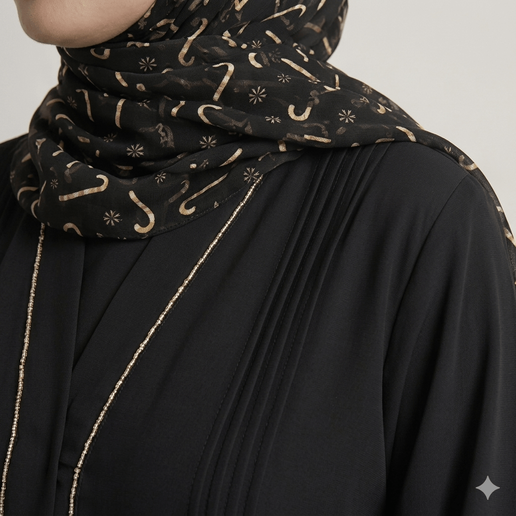 Printed Scarf & Piping Cuff Open-Front Abaya – 2 Piece Set | Black Nida Canada