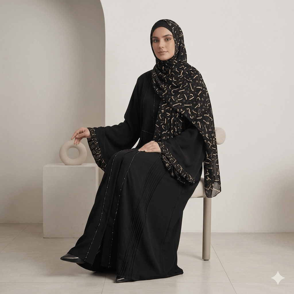 Printed Scarf & Piping Cuff Open-Front Abaya – 2 Piece Set | Black Nida Canada