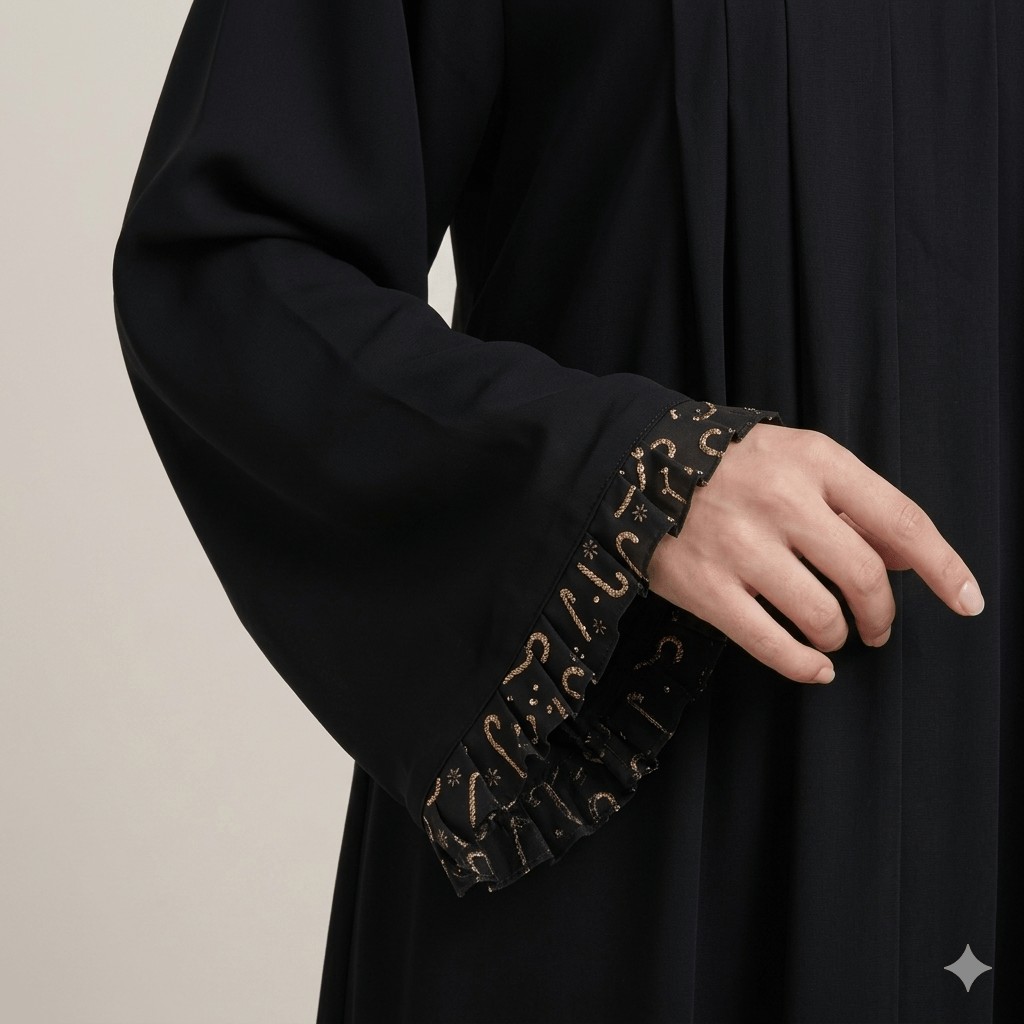 Printed Scarf & Piping Cuff Open-Front Abaya – 2 Piece Set | Black Nida Canada