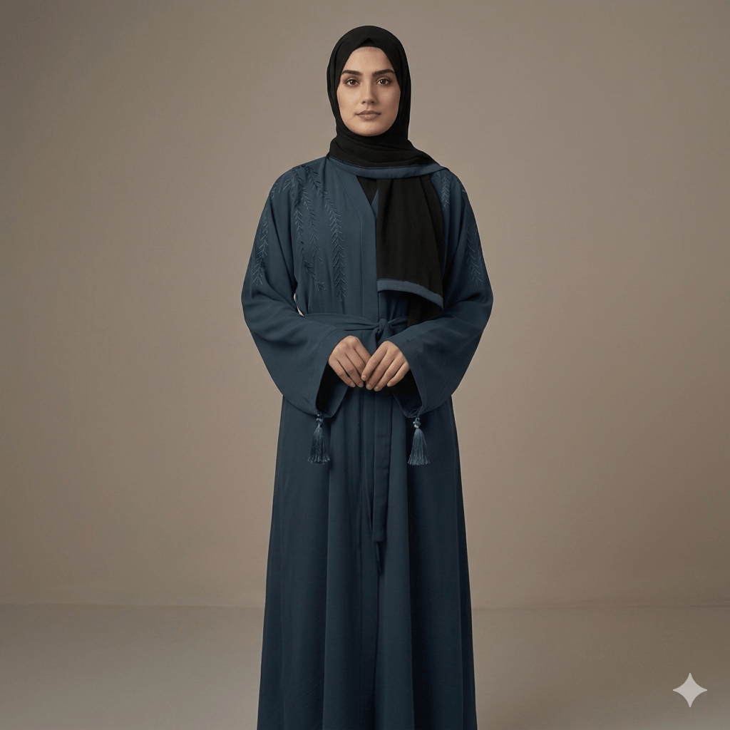 Embroidered Tassel Sleeve Belted Open-Front Abaya – Blue Nida | Canada