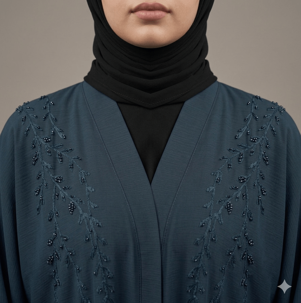Embroidered Tassel Sleeve Belted Open-Front Abaya – Blue Nida | Canada