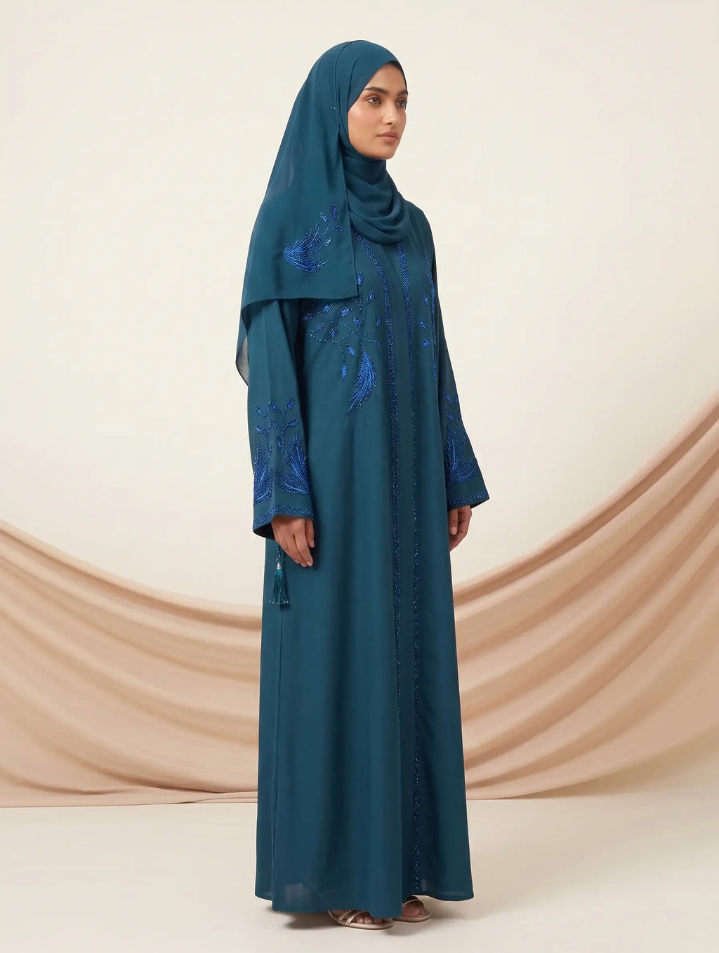 Floral Beaded Embroidery Tassel Cuff Front Open Abaya – 2-Piece Set