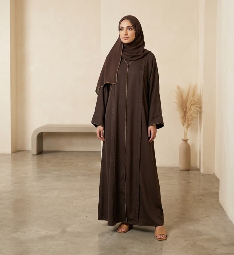 Gold Piping Pleat Front Open Abaya – 2-Piece Luxury Party Wear Modest Fashion Canada