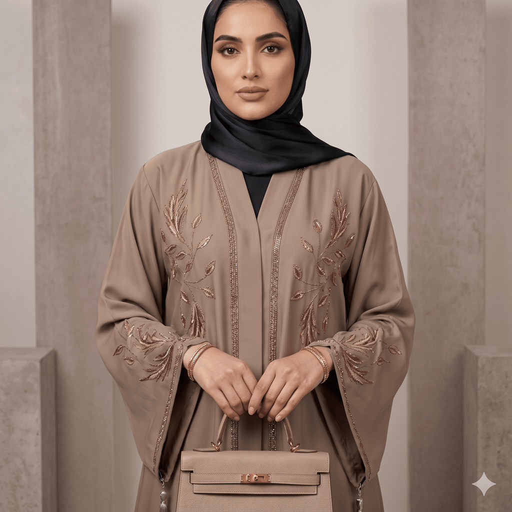 Floral Beaded Open-Front Abaya with Black Scarf – 2 Piece Set