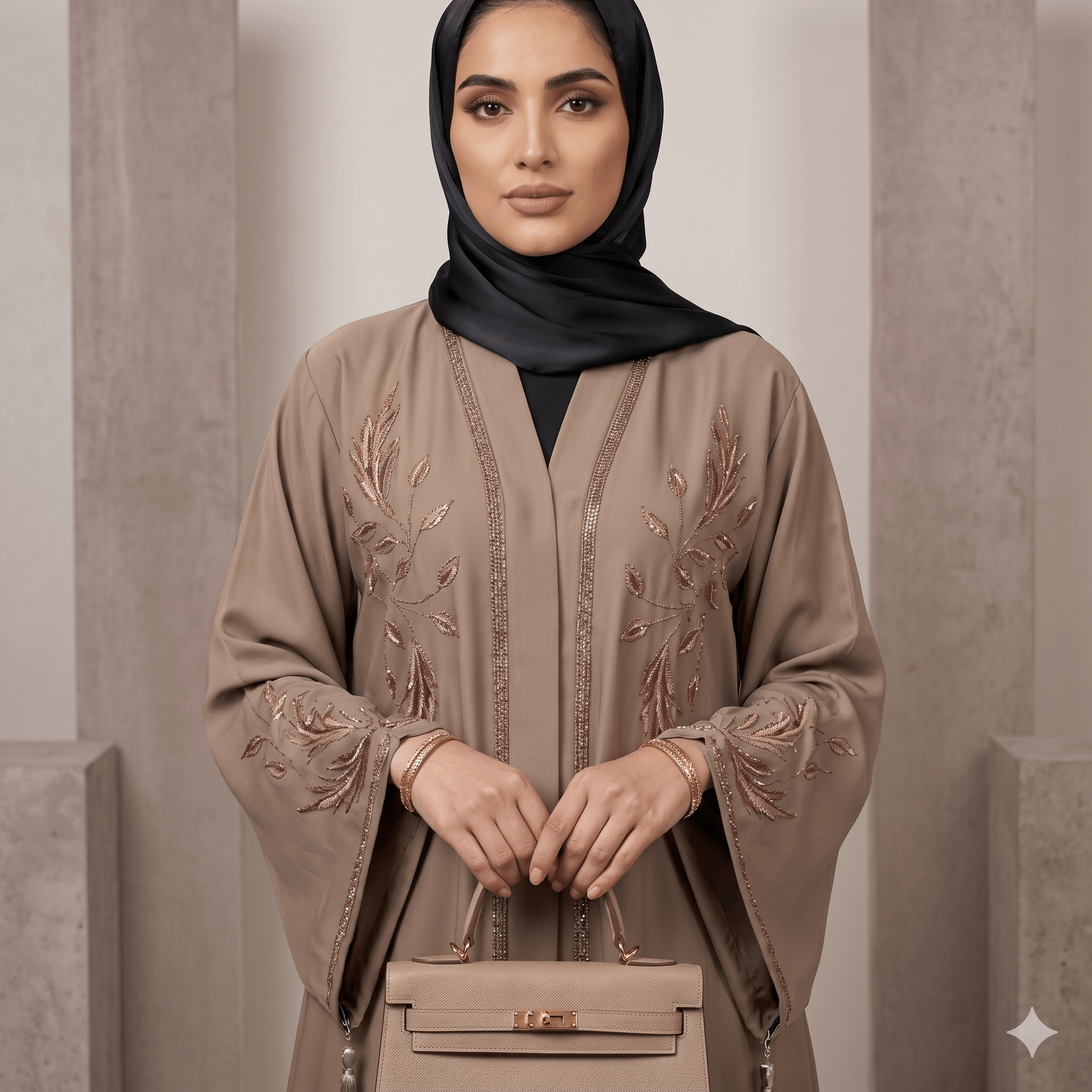 Floral Beaded Open-Front Abaya with Black Scarf – 2 Piece Set