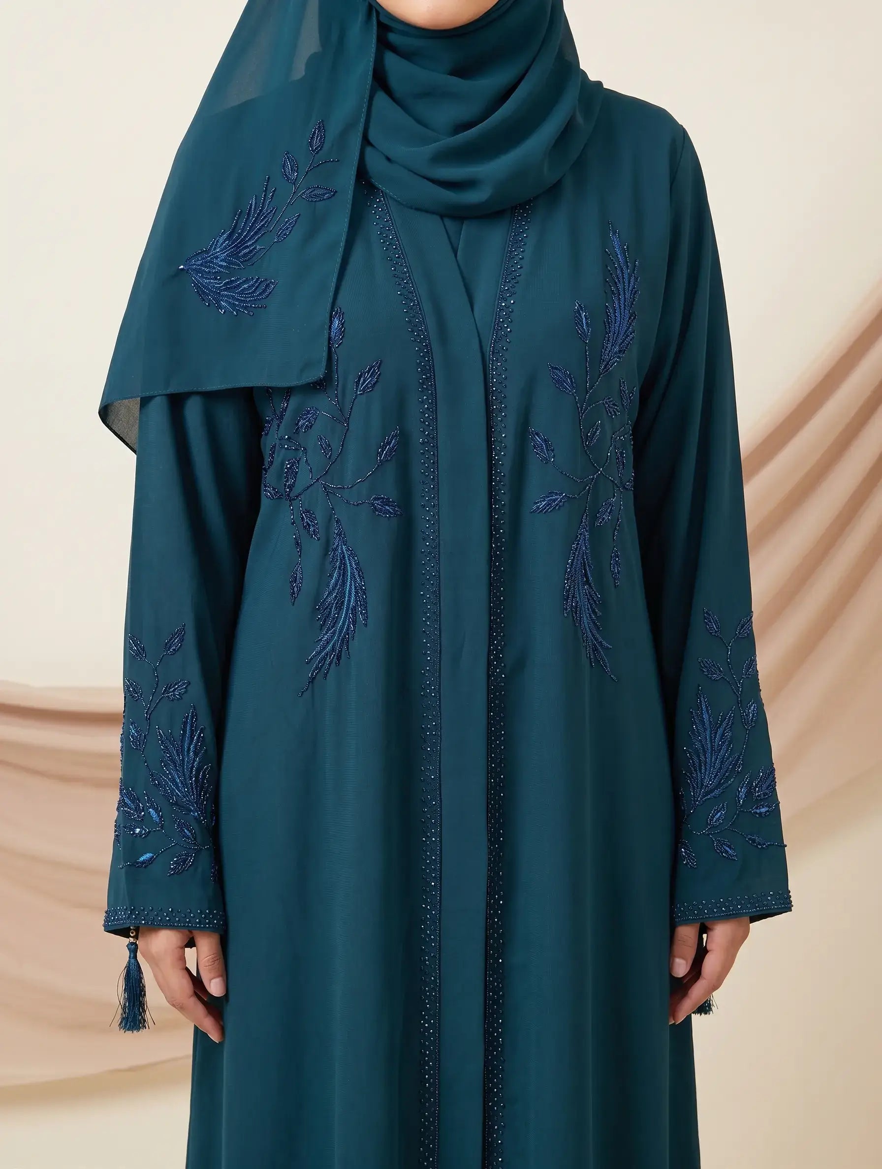 Floral Beaded Embroidery Tassel Cuff Front Open Abaya – 2-Piece Set